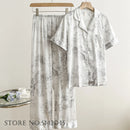 Fashion Print Flower 2PCS Pajamas Set Gray Short Sleeve L