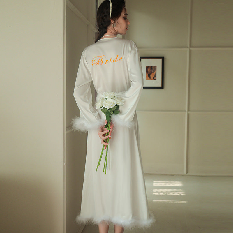 Women's Feather Satin Long Robe Bride White