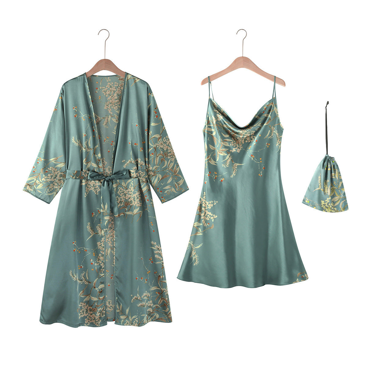 Luxury Simulation Silk Thin Style Sleeping Robe and Gown Sleepwear Set Green