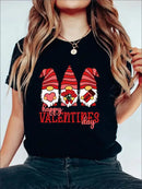 Casual Short Sleeve Crew Neck T-shirt With Printed Dwarfs and Happy Valentines Day Text For Women