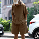 2pcs Loose Round Neck Short-sleeved T-shirt And Drawstring Pockets Short Brown