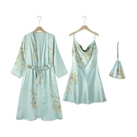 Luxury Simulation Silk Thin Style Sleeping Robe and Gown Sleepwear Set Light Green