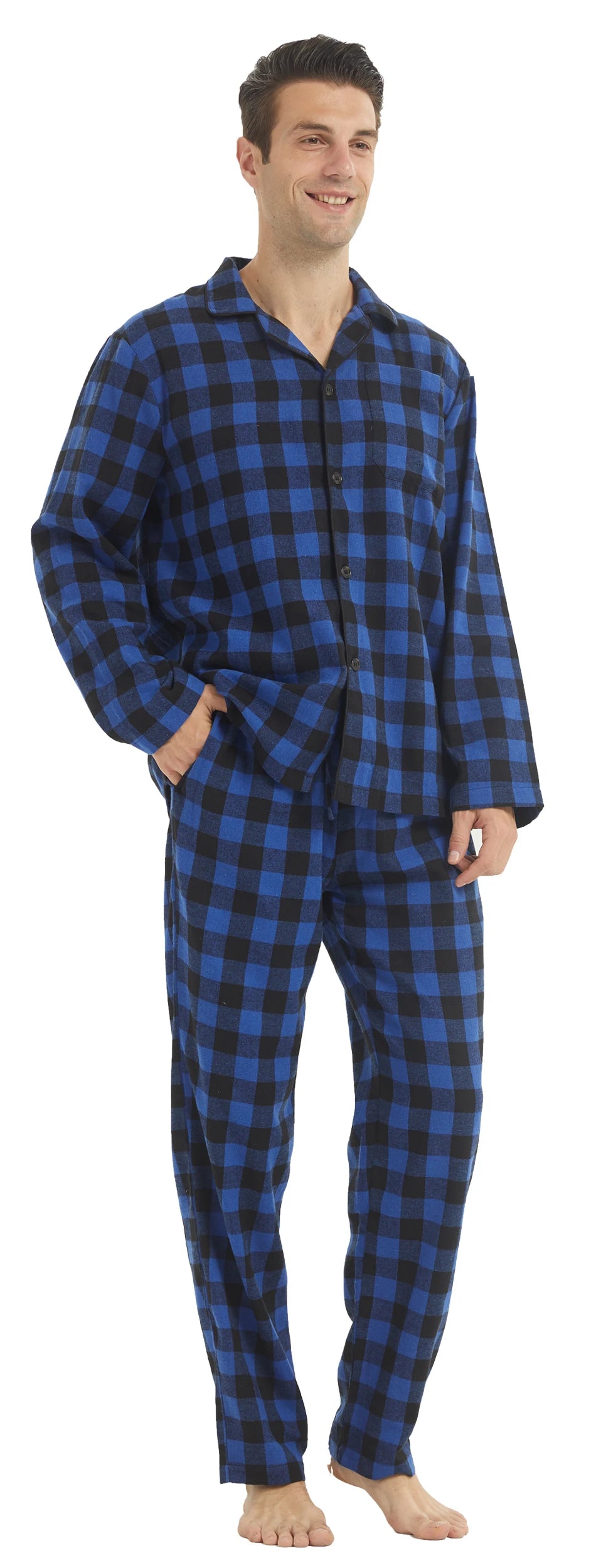 Mens Flannel Pajama Sets Blue Black Plaid L