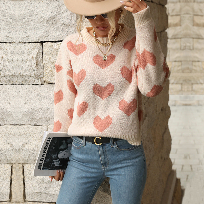 Casual Knitted Long-sleeved Pullover With Love Printed Design For Women