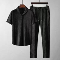 Leisure Suit Summer Loose Short Sleeve Top And Drawstring Trousers Fashion Mens Clothing Black Suit