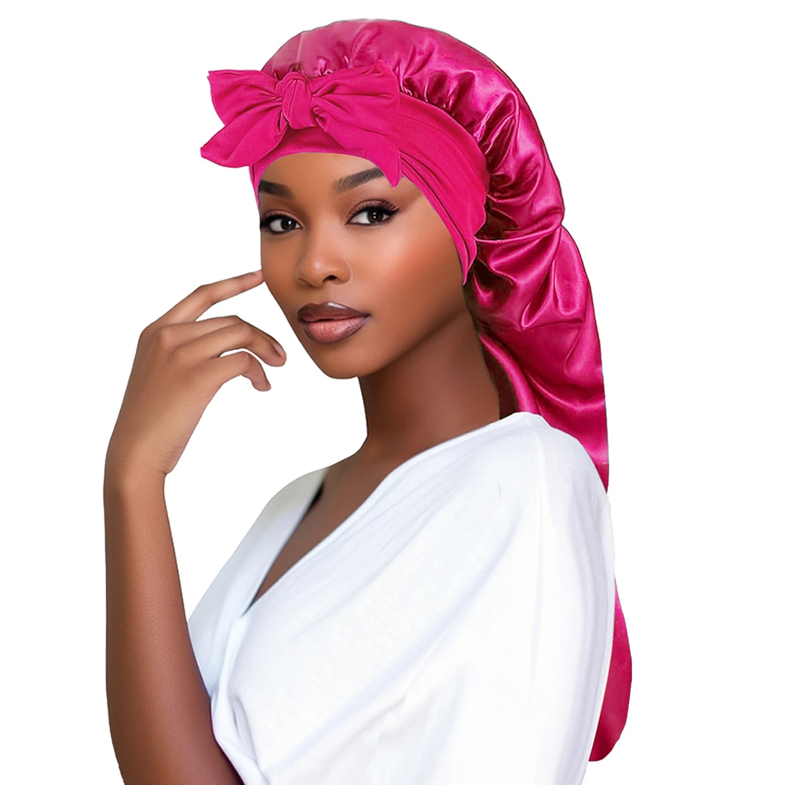 Women Bonnet Satin- Long Tail Rose Red