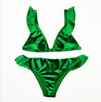 Women Ice Velvet Ruffle Bikini Sets Band Green