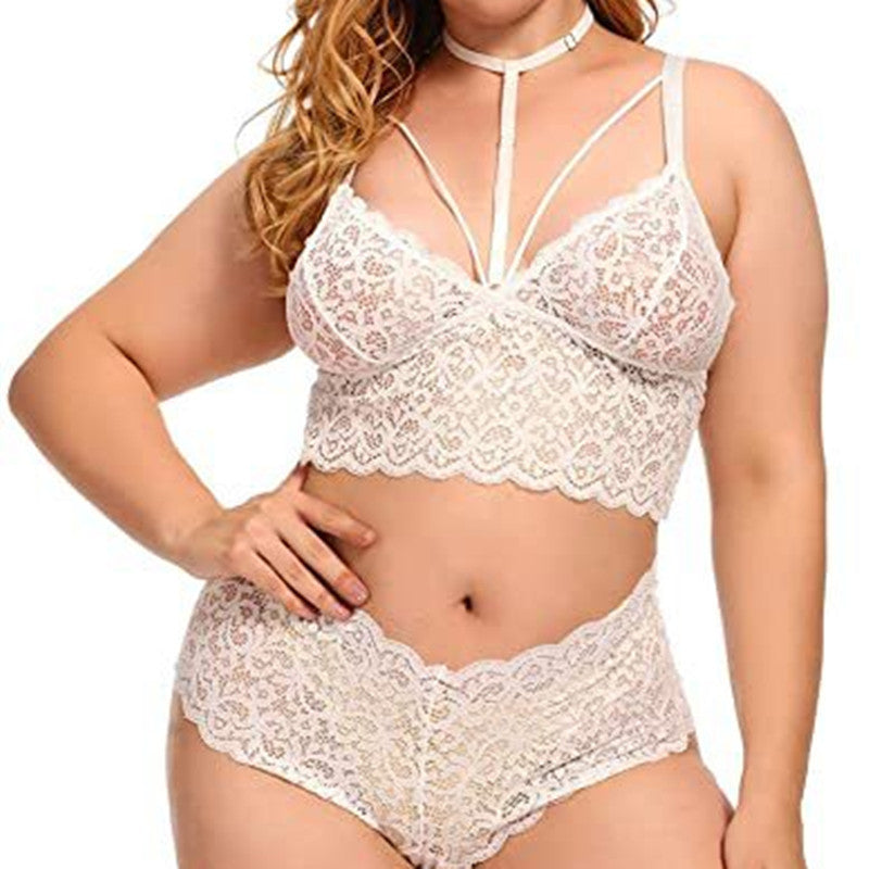 Two-Piece Plus Size Silk Lingerie Underwear White