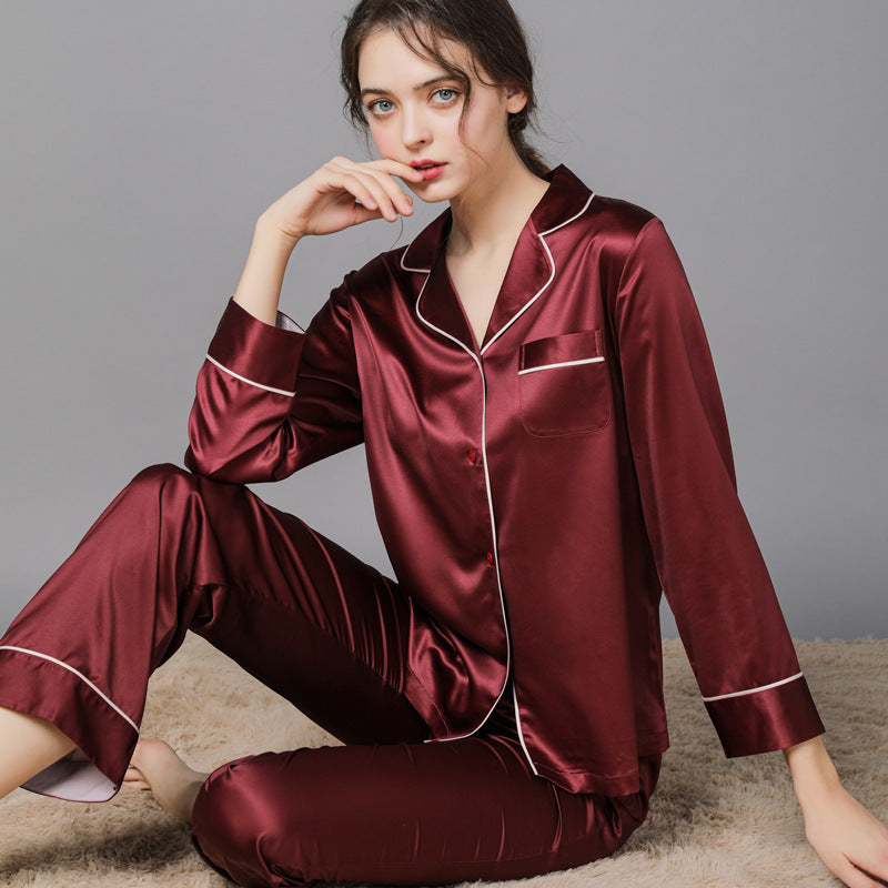 New Spring And Autumn Silk Pajamas For Women Burgundywomen