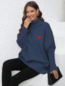 Knitted Loose Lapel Solid Color Turtleneck With Woven Love Stickers For Women