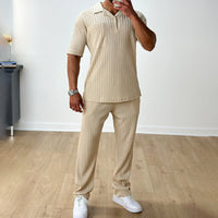 Fashion Casual Polo Short Sleeve Shirt Trousers Two-piece Set Men's Suit Khaki