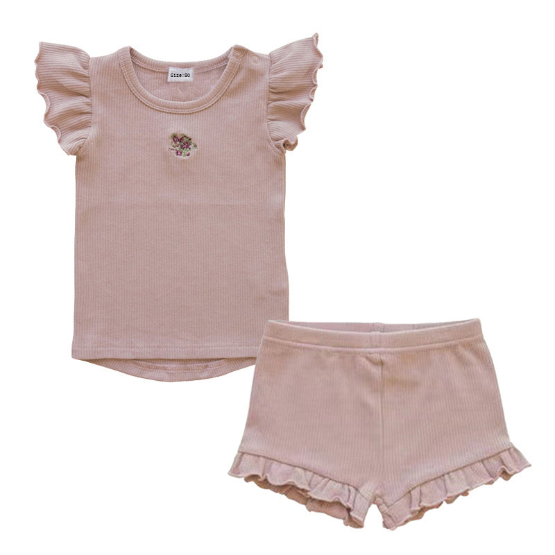 Rose Grey Embroidered Knitting Baby Kids Clothing Short sleeve shorts