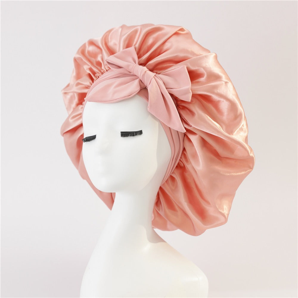 Satin Ribbon Round Bow Elastic Nightcap Peach Free Size