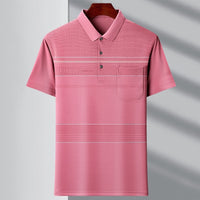 Men's Youth Polo Collar Stripes Real Pocket T-shirt Polo Shirt 1721 Pink