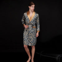 Men's Summer Long Ice Silk Pajamas Nightgown Navy Blue