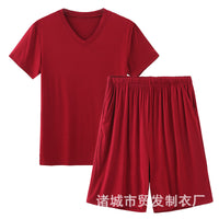 Modal Pajamas Men's Summer Shorts Burgundy V Neck