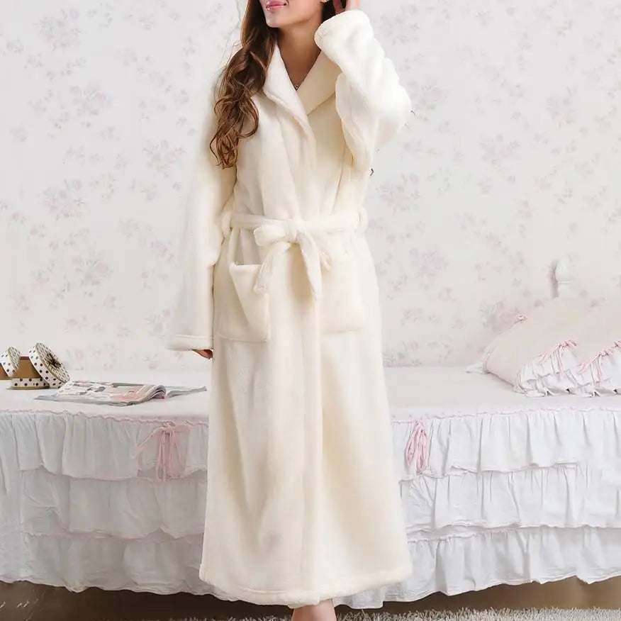 Coral Fleece Long Robe Kimono Gown Beige M