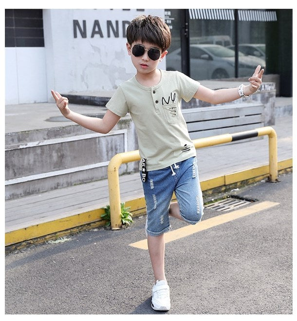 Children Clothing Summer Boys T-shirtDenim Shorts 2pcs Green