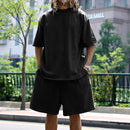 2pcs Loose Round Neck Short-sleeved T-shirt And Drawstring Pockets Short