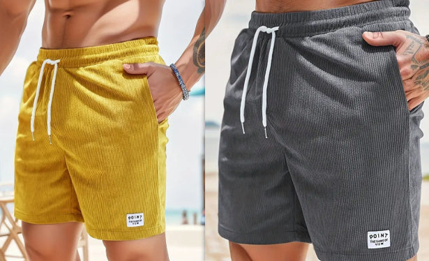 Lace-up Drawstring Shorts Summer Corduroy Sports Short Pants Mens Clothing Dark gray and yellow