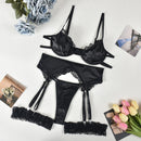 Lace Satin Bra Garter Match Sets Black