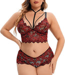 Two-Piece Plus Size Silk Lingerie Underwear Black safflower