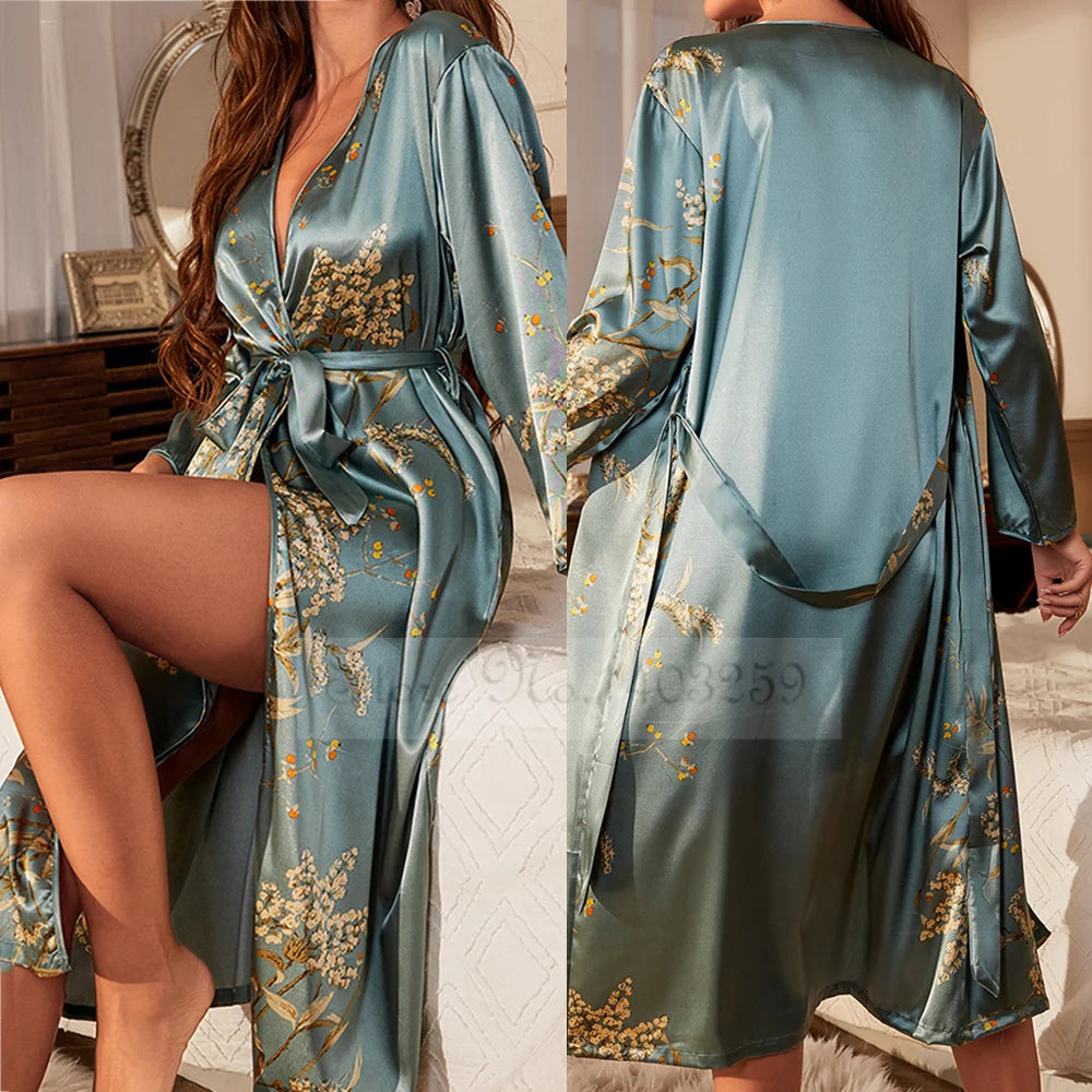 Black Print Flower Long Robe Nightgown Silk Green Robe XL