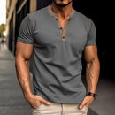 Short-sleeved Polo Shirt Summer Button V-neck T-shirt Tops Dark Grey