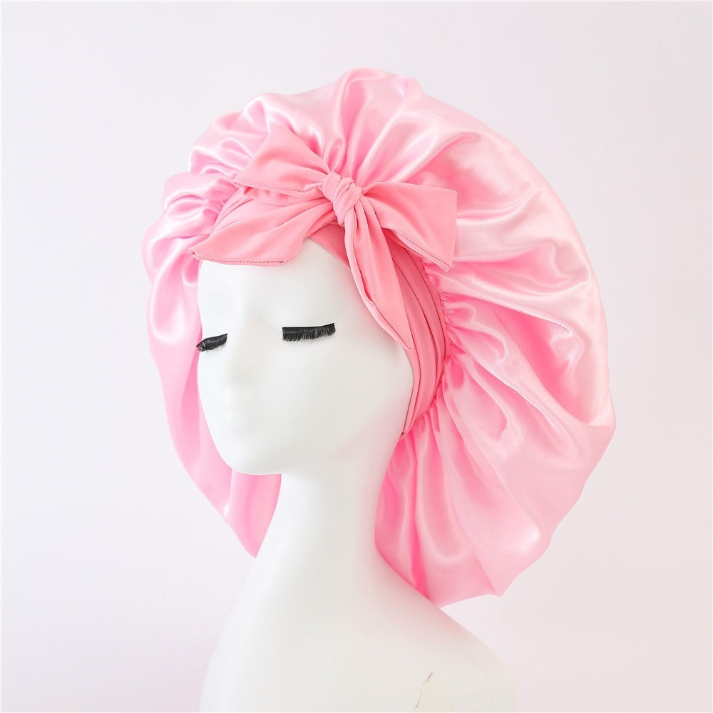 Satin Ribbon Round Bow Elastic Nightcap Pink Free Size