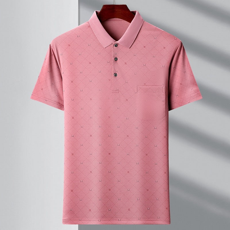 Men's Youth Polo Collar Stripes Real Pocket T-shirt Polo Shirt 1719 Pink