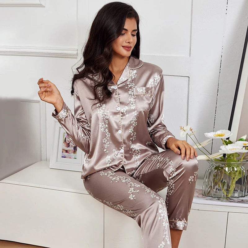 Spring women Silk Pyjamas set F Khaki L