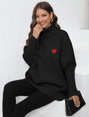 Knitted Loose Lapel Solid Color Turtleneck With Woven Love Stickers For Women