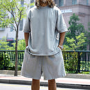 2pcs Loose Round Neck Short-sleeved T-shirt And Drawstring Pockets Short Light Grey