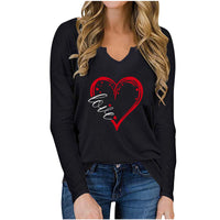 Vneck Valentines Day Printed Tshirt Cross-border Longsleeved Loose Top Black