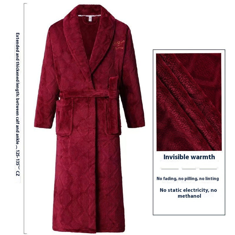 Thick Thermal Velvet Bathrobe With Thin Belt For Men Wine Red Hourglass