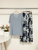 Artificial Cotton Thin Summer Short Sleeve And Pants Loungewear Set Blue T 06 Fairy Flower