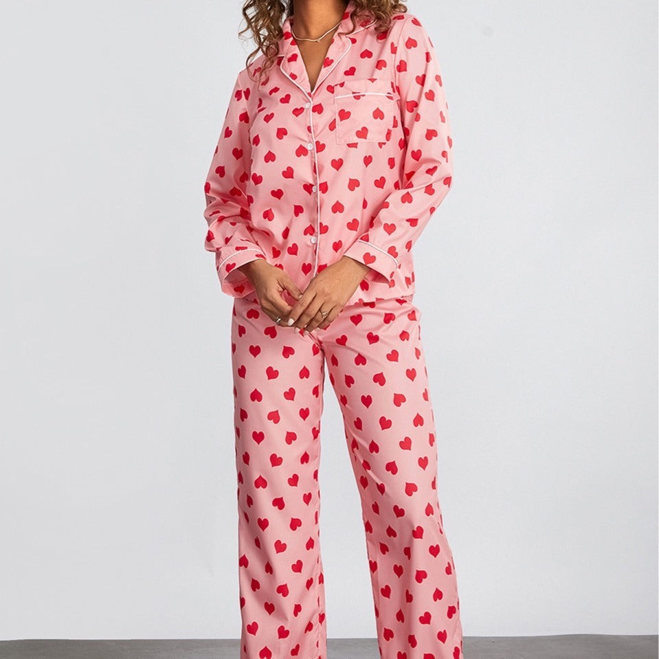 Cute Thin Loungewear Suit With Printed Little Hearts For Women