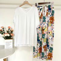 Artificial Cotton Thin Summer Short Sleeve And Pants Loungewear Set