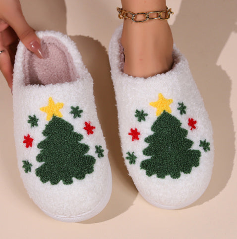 Family Cartoon Plush Slippers For Unisex Christmas tree