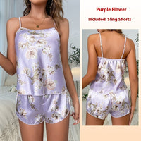 Print Suspender Shorts Pajamas Suit 428 Purple Floral