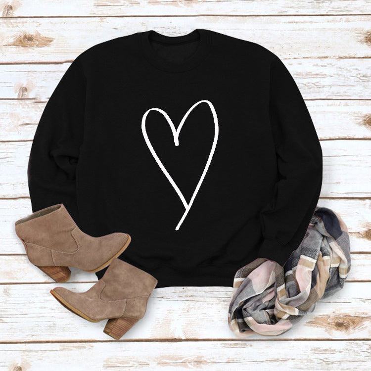 European And American Inspired Top Line Valentine's Day Round Neck Casual Long Sleeve Sweatshirt With Simple Printed Heart Design For Women Black, Hoodie White Font