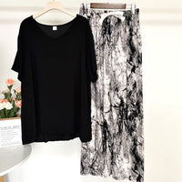 Artificial Cotton Thin Summer Short Sleeve And Pants Loungewear Set Black T 36 Ink Painting