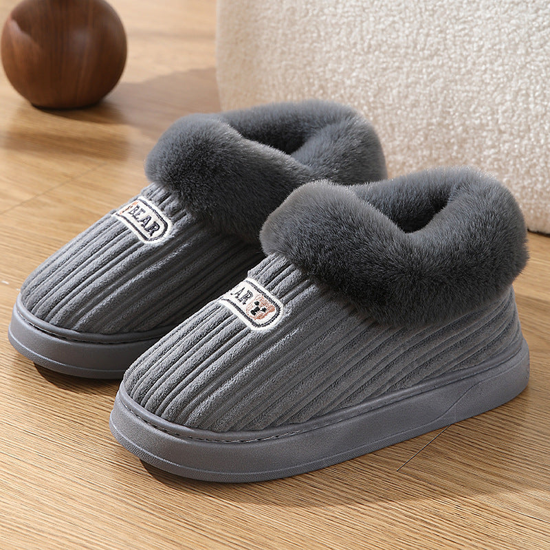 Warm House Slippers Covered Heel Cotton Shoes Indoor Thick-soled Non-slip Fluffy Slippers Grey