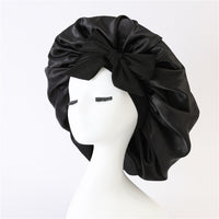 Satin Ribbon Round Bow Elastic Nightcap Black Free Size