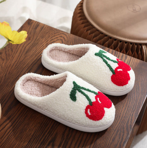 Family Cartoon Plush Slippers For Unisex Cherry