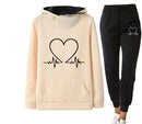 2-Piece Sports Suit Hooded Sweatshirt With Printed Heart Design And Drawstring Pants For Women Khaki