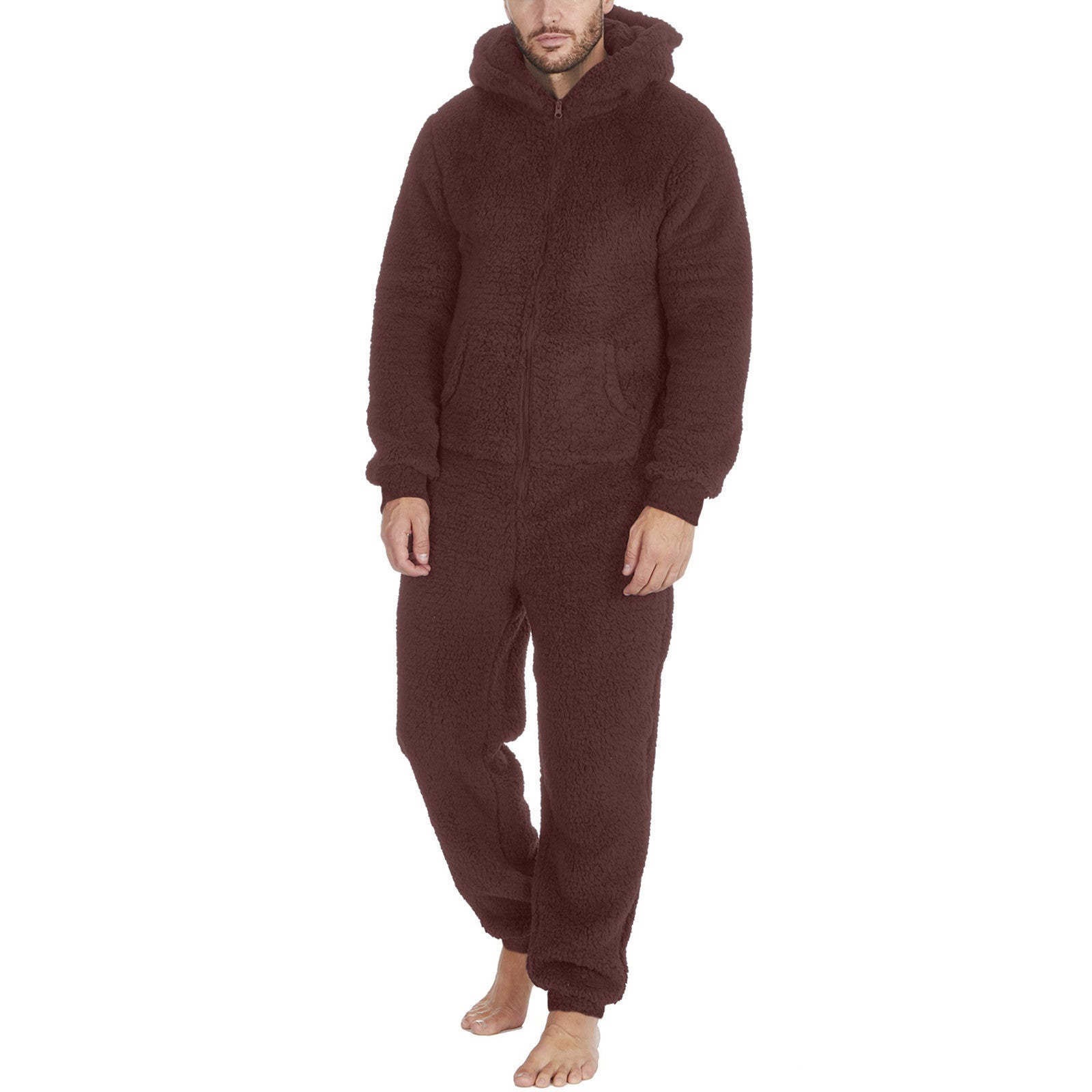 Fashion Zipper Thermal Plush Jumpsuit Thermal Pajamas Brown