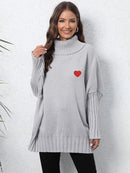 Knitted Loose Lapel Solid Color Turtleneck With Woven Love Stickers For Women